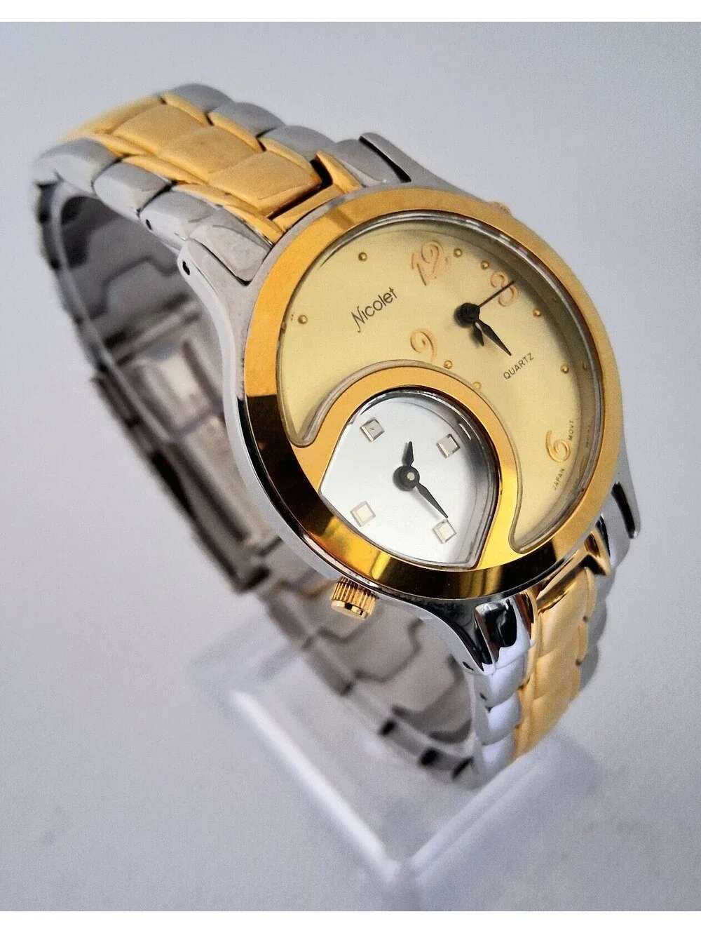 RARE Vintage Nicolet NC1070 Two Tone Dual Time Quartz Men's Swiss Watch